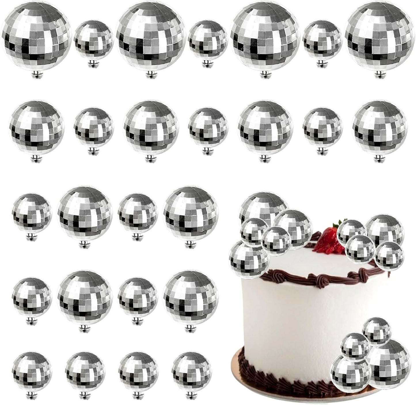 24 PCS Disco Ball Cupcake Toppers Christmas Disco Balls Cake Decorations Glitter Foam Ball DIY Balloons Cake Topper Decoration for Disco Theme Baby Shower Birthday Christmas Party Supplies Silver