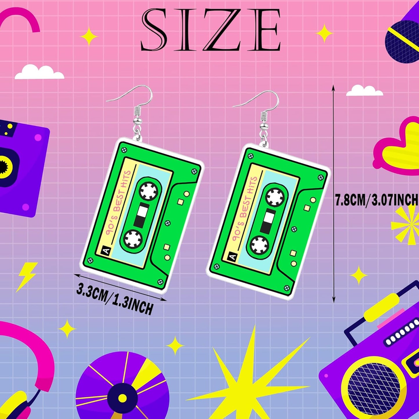 80s 90s Neon Earrings for Women Retro Cassette Tape Hoop Earring Candy Color Lightweight Acrylic Stud Dangle Earrings for 80S Costume Outfits Dancing Glow Party Accessories