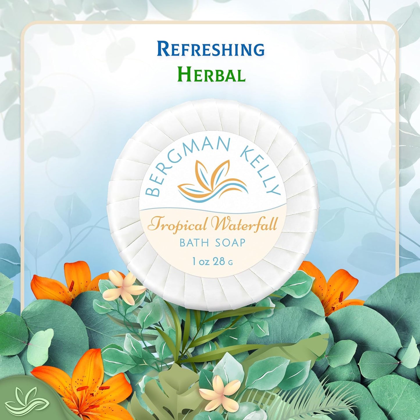 BERGMAN KELLY - Hotel Soap Bars in Bulk - Tropical Waterfall, 1 oz, 200 PK - Small Individually Wrapped Round Soap - Travel Size Mini Toiletries for Airbnb, Motel, Guest Bathroom