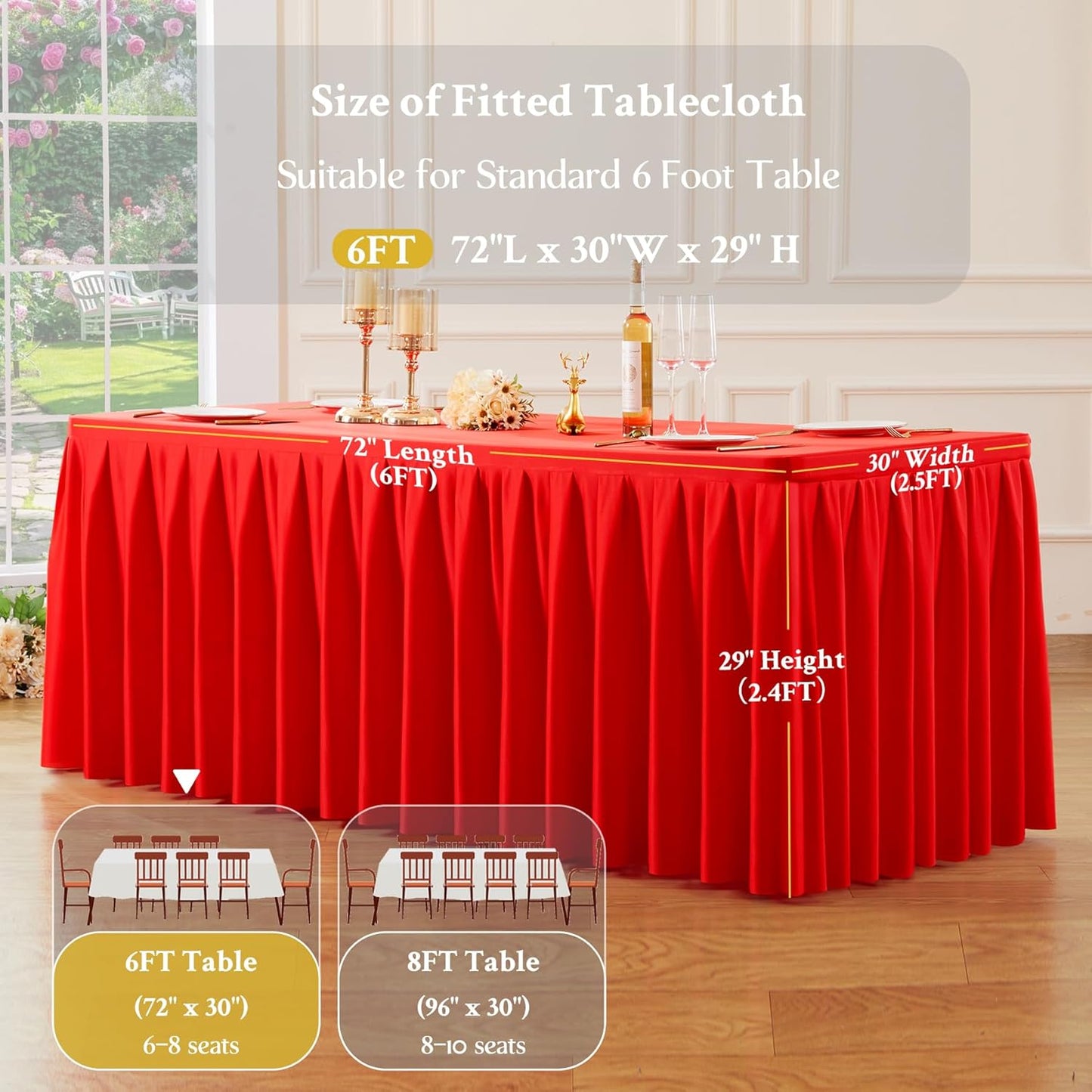 4 Pack Red Rectangle Tablecloth 6 FT Stretch Spandex Fitted Table Cloth for 6 Foot Rectangle Tables Banquet Tablecloths Wrinkle Free Table Cover Skirt Ruffle Tablecloth for Party Wedding Birthday