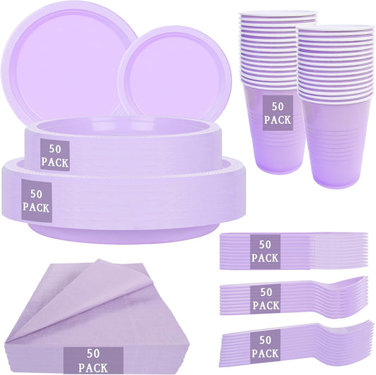 MirthMood 350PCS Lavender Plastic Plates,Lavender Disposable Plates Set – Plastic Plates Set Includes 50 Dinner,50 Dessert Plate,50 Cup&50 Napkins, 50 Lavende Silverware for Wedding & Birthday Parties