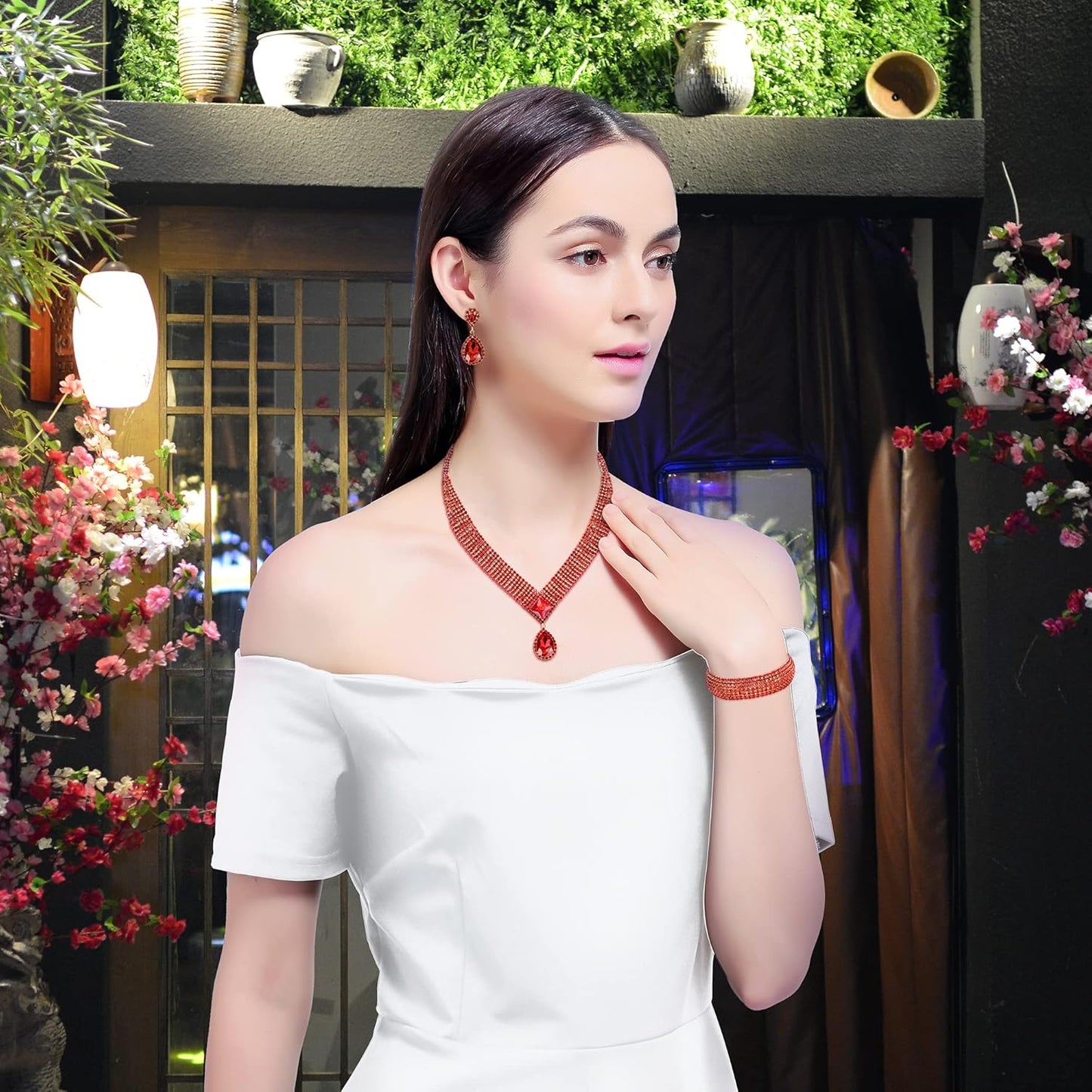 3/4 Pieces Women Jewelry Set Rhinestone Tiara Crown Necklace Bangle Bracelet Artificial Crystal Teardrop Dangle Earrings and Artificial Rhinestone Handbag for Wedding Party