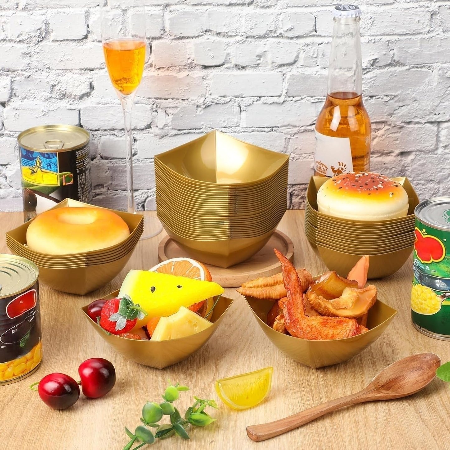 Tanlade 50 Pcs Square Plastic Serving Bowls Disposable Snack Salad Bowl Small Party Candy Bar Containers Taco Bar Serving Dishes for Buffet Chips Fruit(Gold,8 oz)