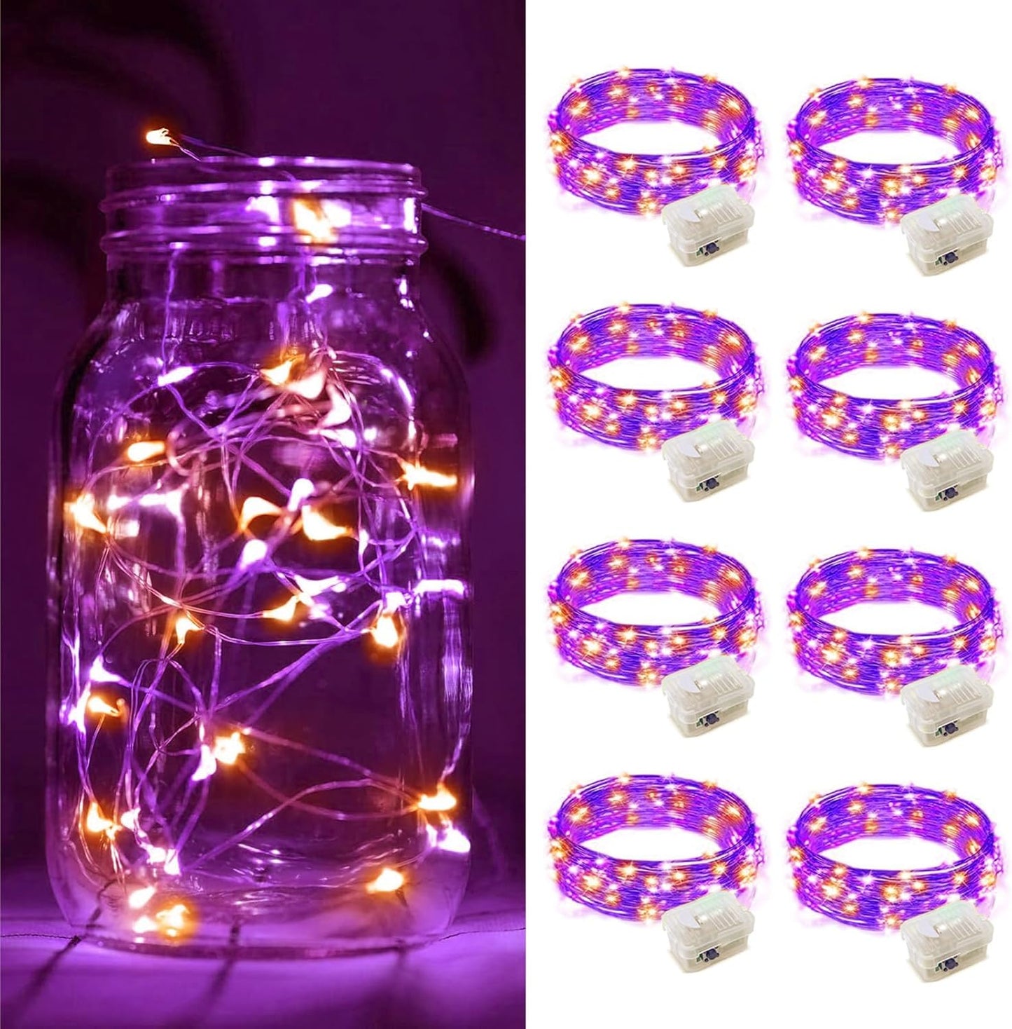 ZGWJ 8 Pack Halloween Fairy Lights Battery Operated, 7ft 20 Mini LED Fairy String Lights Silver Wire 3 Modes for DIY, Parties, Wedding, Bedroom, Halloween Decoration Orange&Purple