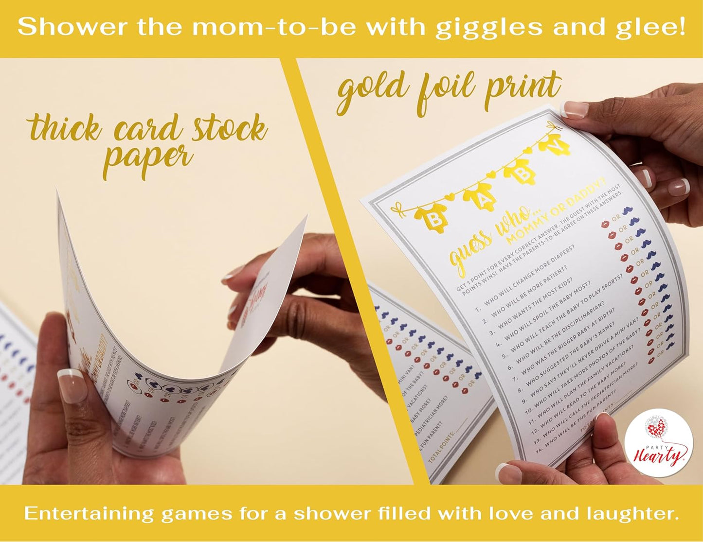 Party Hearty Baby Shower Games for Girl or Boy, 50 pcs Mommy or Daddy Guess Who Game, Fun Activity Cards, Gender Neutral, Ideas