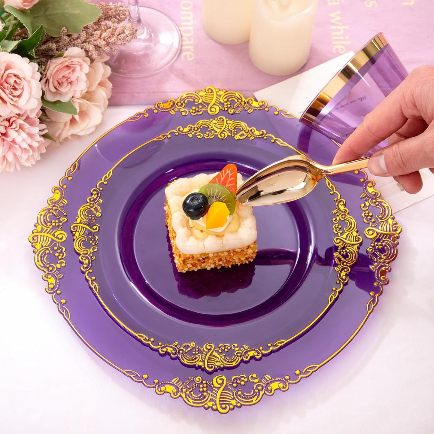 Nervure 175PCS Purple Plastic Plates - Disposable Purple Gold Party Plates & Pre Rolled Napkins with Cutlery for 25 Guests, 50Plates, 75Silverware, 25Cups, 25Napkin for Wedding & Party