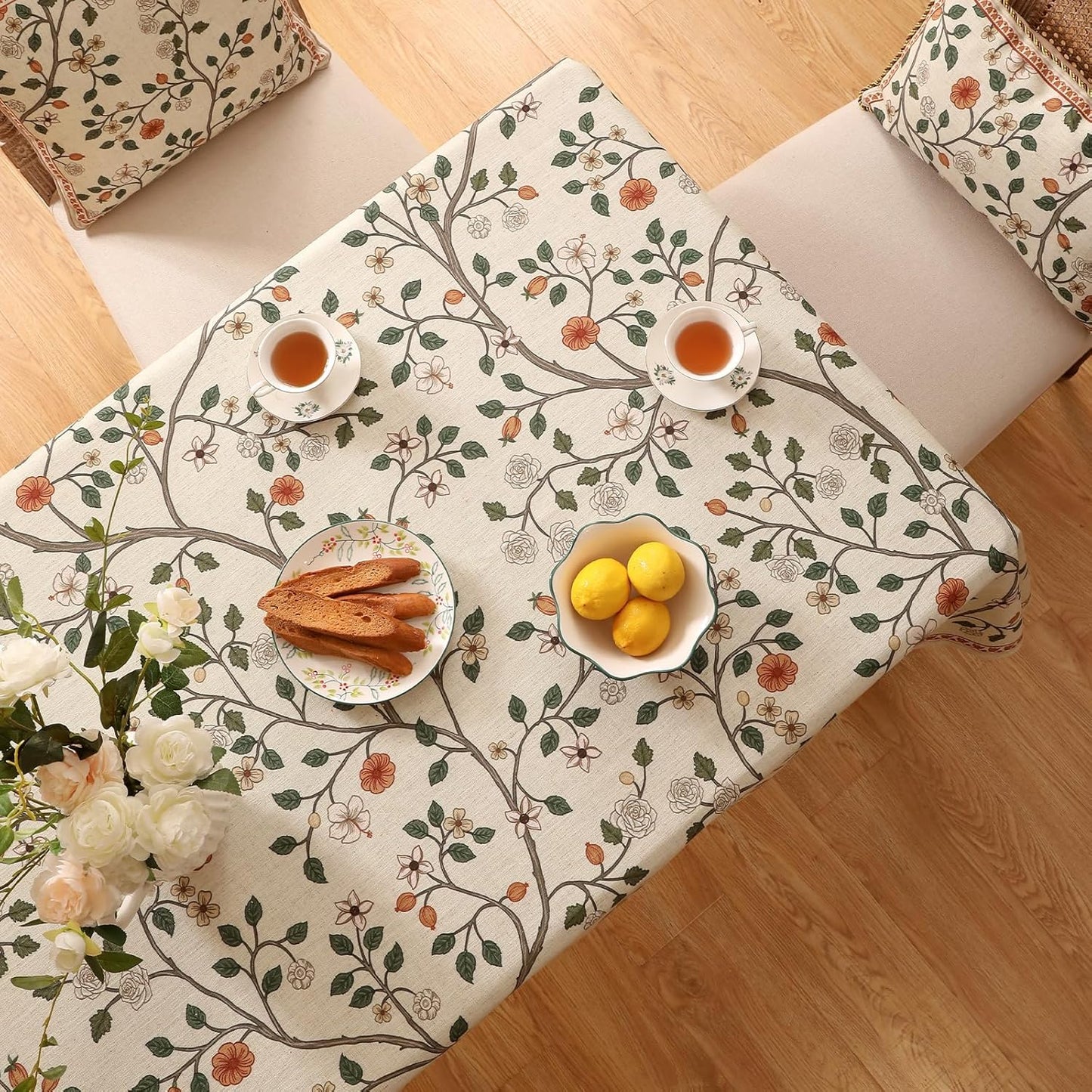 ISAENNE Designer Floral Extra Long Rectangle Tablecloth,French Linen Light Beige Indoor Table Cloth,Fall Wrinkle Resistant Decor Tablecloths for Dining Thanksgiving Kitchen,67"*118"-Flora A