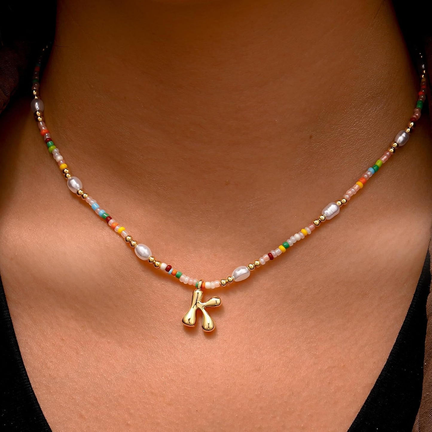 Ritach Initial Necklaces for Women Girls - Christmas Gifts for Grandkids Light Colorful Beaded Pearl Initial Necklace Gold/Silver Bubble Pendant Letter Necklace Stocking Stuffers for Teen Girls Women