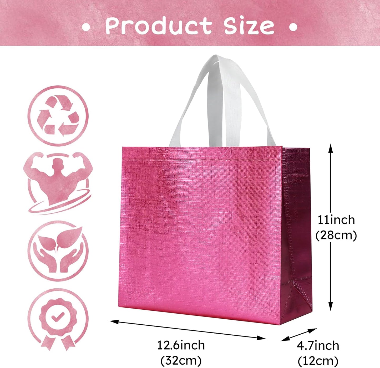 cabzymx Pink Reusable Gift Bags with Metallic Design, 25 Pcs Non-woven Gift Bag Bulk with Handles, Glossy Party Bags for Wrapping Gifts, Birthday, Wedding, Parties, Graduation-12.6x4.7x11 In