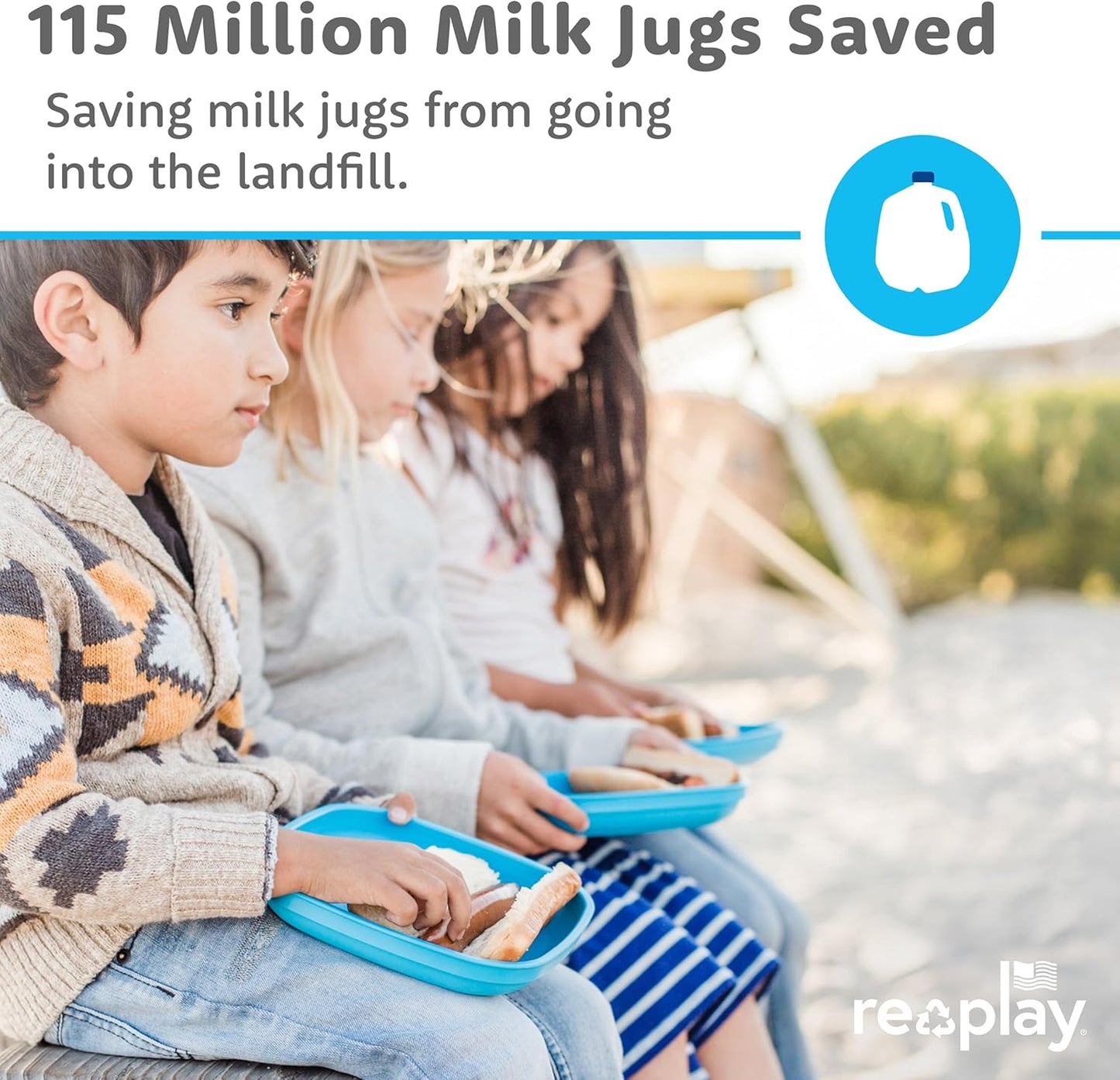 Re-Play Toddler Plates - 22 Oz. Deep-Walled Flat Kids Plates - Dishwasher & Microwave Safe - Made in USA - Set of 3-7.37" x 7.37" x 1.25" - Glacier