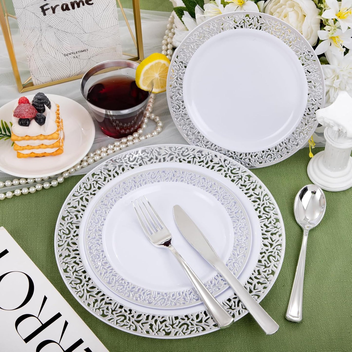 WELLIFE 175Pcs Silver Dinnerware Sets, Include:25 Dinner Plates, 25 Dessert Plates, 25 Paper Napkins, 25 Cups, 75 Silver Silverware Set for Party and Weddings