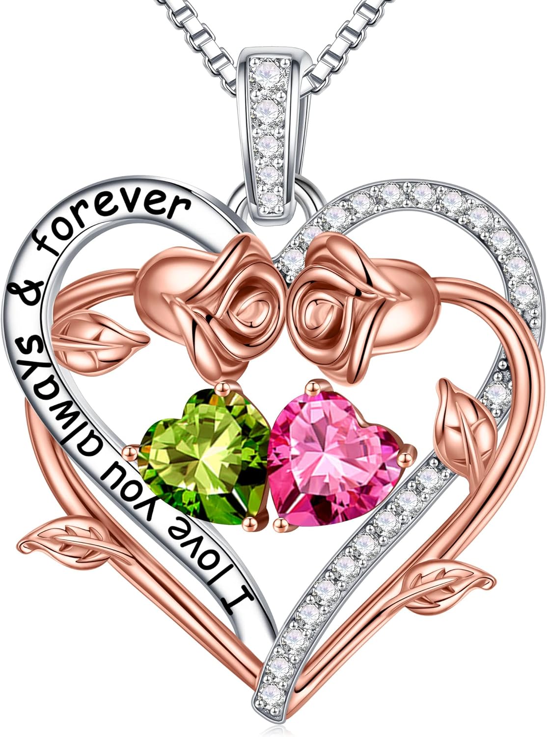 Iefil Rose Heart Double Birthstone Necklace Gifts for Wife Her Mom Women, Birthstone Jewelry Gemstone Birthday Gifts for Girlfriend Grandma Her Wife Women