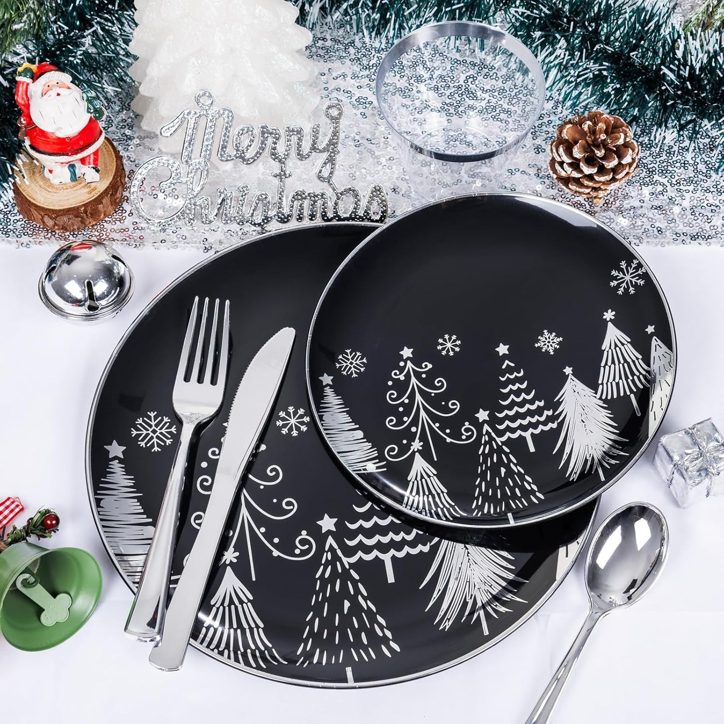 KIRE 150PCS Christmas Plates Disposable & Dinnerware Set for 25 Guests - Black & Silver Plates, Plastic Silverware & Cups With Silver Rim for Christmas Party Supplies