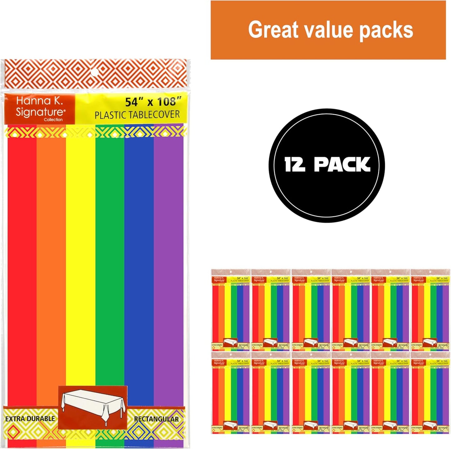 Party Dimensions Carnival Rainbow Disposable Plastic Tablecloth for Rectangle Tables (12 Pack) Table Cloths for Parties, Events, Indoors & Outdoors, 54 x 108 inches, Plastic Table Cover