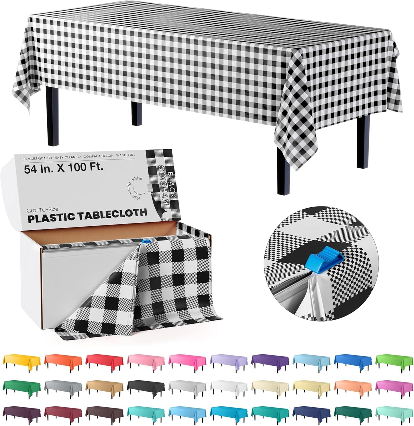 Party Solids 54 Inch X 100 Feet Black Gingham Plastic Table Cover Roll in A Cut - to - Size Box with Convenient Slide Cutter. Cuts Up to 12 Rectangle 8 Feet Plastic Disposable Tablecloths