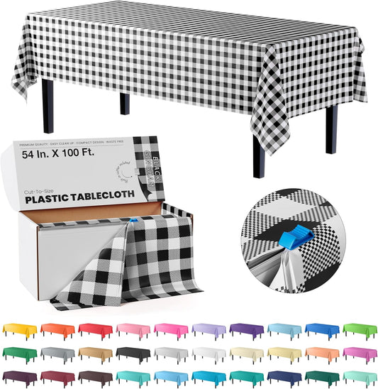 Party Solids 54 Inch X 100 Feet Black Gingham Plastic Table Cover Roll in A Cut - to - Size Box with Convenient Slide Cutter. Cuts Up to 12 Rectangle 8 Feet Plastic Disposable Tablecloths