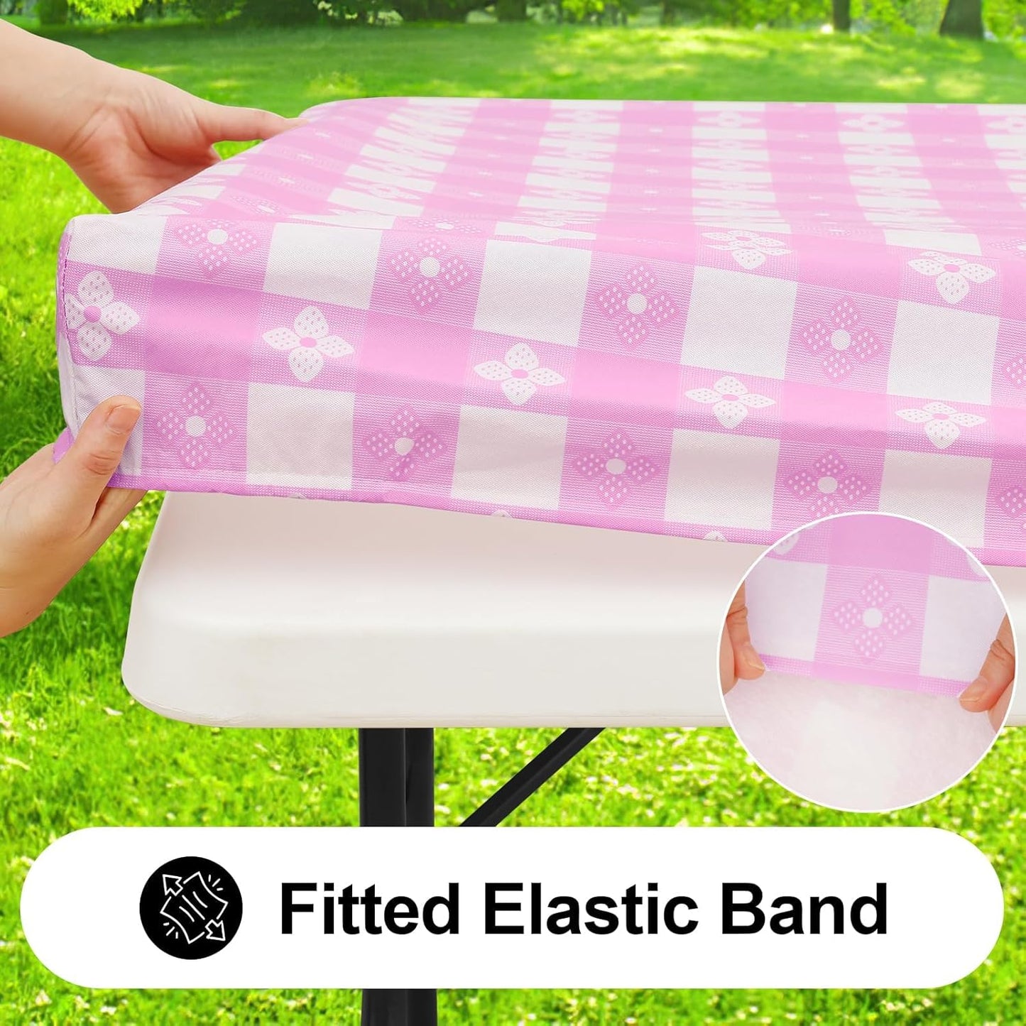 Rectangle Vinyl Table Cloth, Waterproof Elastic Fitted Tablecloth with Flannel Backing, Plastic Table Cover for Picnic, Camping, Outdoor (White & Pink, 30"x96")