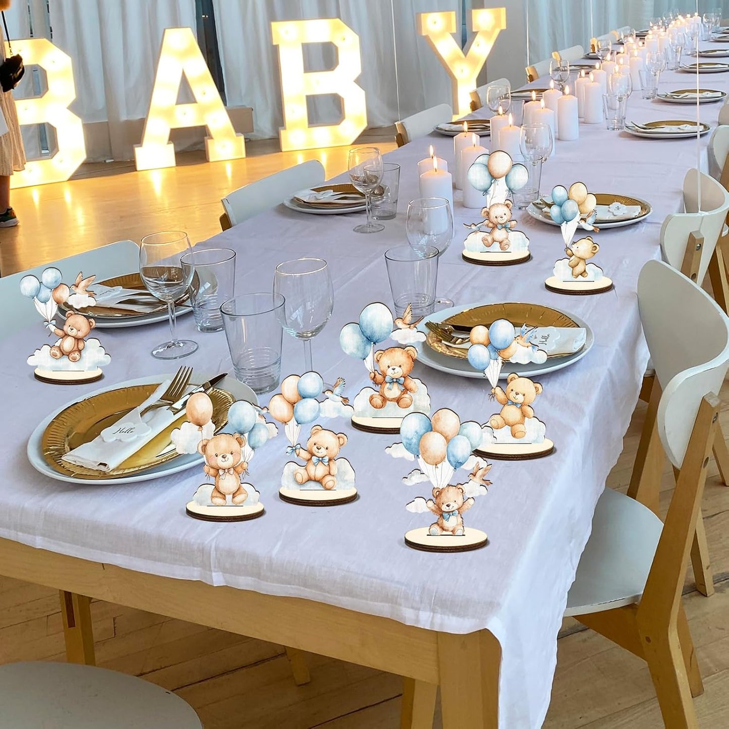 16 Pcs Wooden Baby Shower Table Centerpiece Blue Bear Tabletop Detachable Sign It's A Boy Gender Reveal Table Toppers Display Decoration Bear Birthday Photo Props Party Favor Supplies