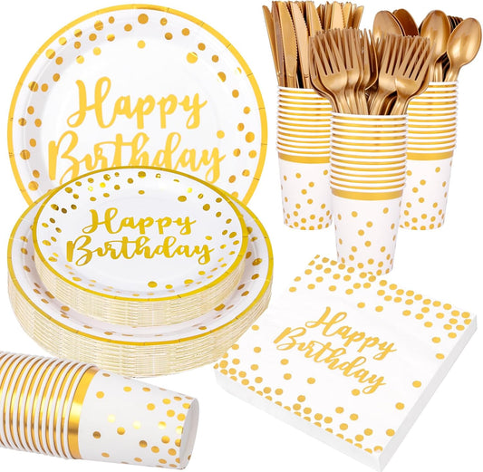 Supernal 350pcs Birthday Paper Plates and Napkins Set - Disposable White and Gold Paper Plates, Gold Plastic Silverware, Birthday Napkins and Cups Suitable for Party Supplies