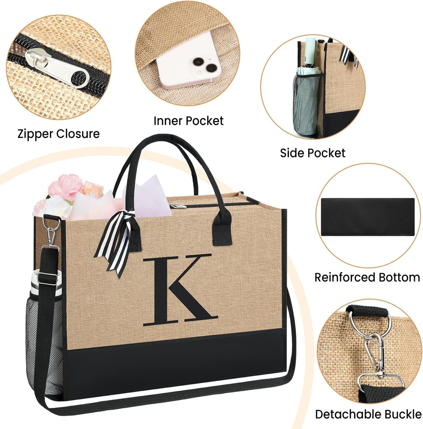 BAGAIL Initial Tote Bag, Personalized Birthday Gifts for Women, Teacher, Friends, Mom, Wedding, Monogrammed Beach Bag