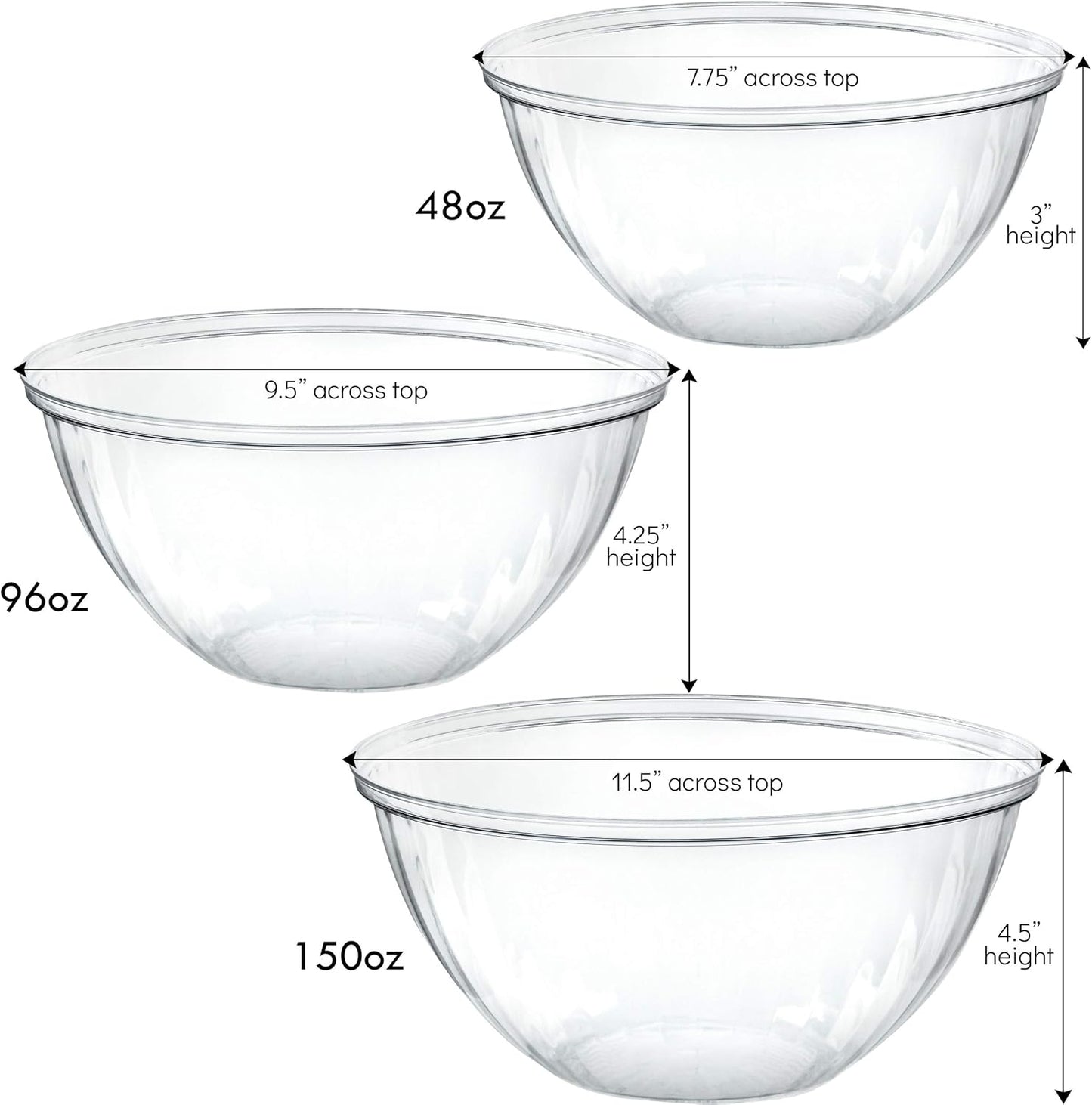 PLASTICPRO Disposable Combo Set of Salad Bowl Includes 2, 48 Ounce 2, 96 oz 2, 150 Ounce Round Crystal Clear Plastic Serving Bowl