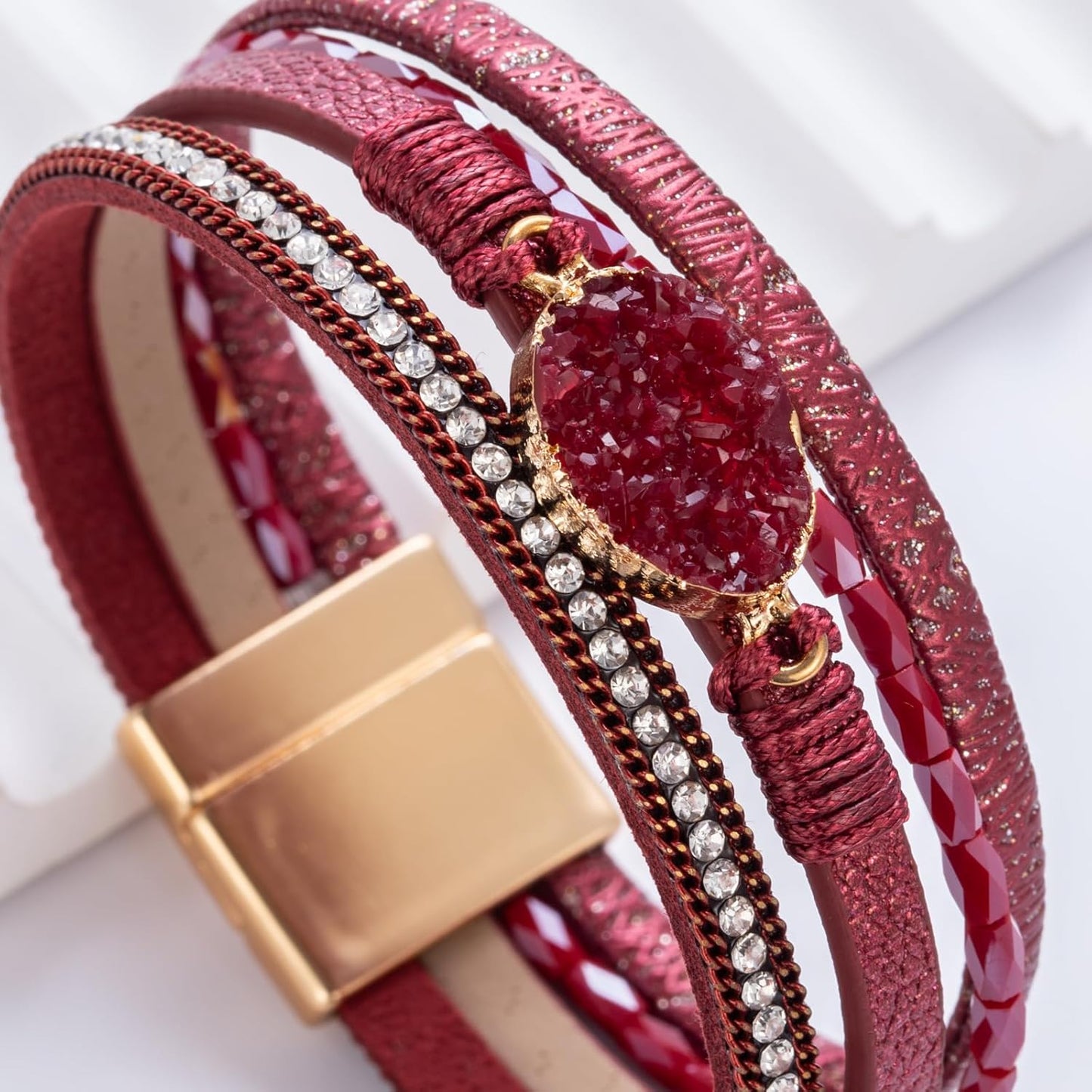 FANCY SHINY Leather Wrap Bracelet Boho Cuff Bangle Bracelets Crystal Bead Bracelet with Magnetic Clasp Jewelry Gifts for Women