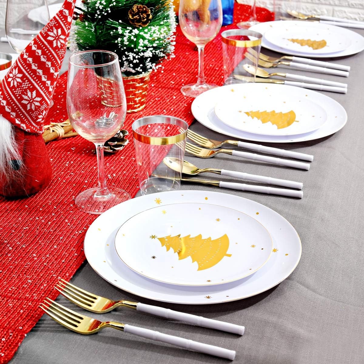 WDF 50Pieces Gold Plastic Plates-Christmas Tree Plastic Plates-Heavyweight White and Gold Disposable Plates for Christmas