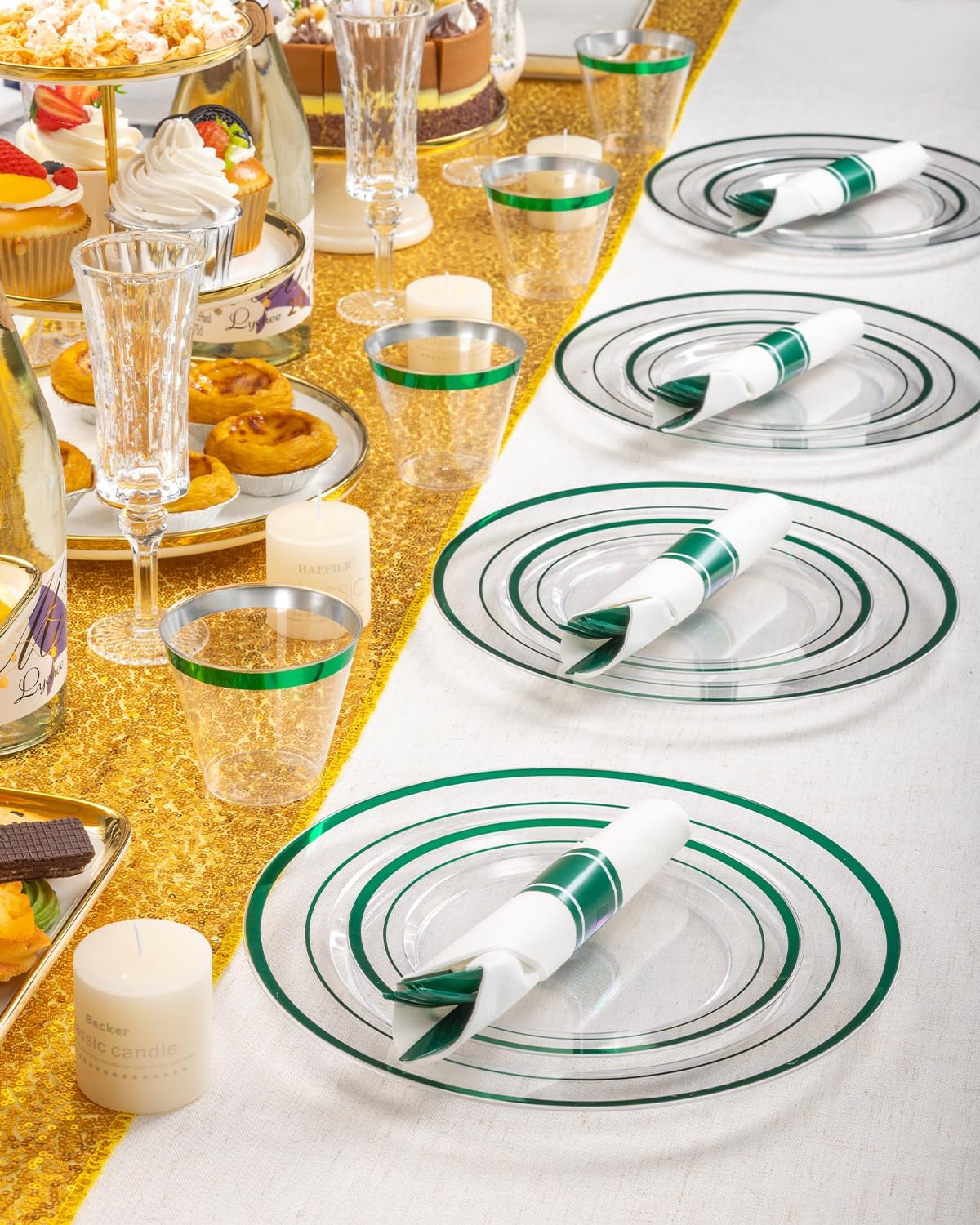 Goodluck 350 Piece Green Plastic Plates, Clear Plastic Silverware Disposable Plates Set, Include 100Plates, 50Pack Pre Rolled Napkins with Silverware, 50Cups for Party, Wedding, Graduation
