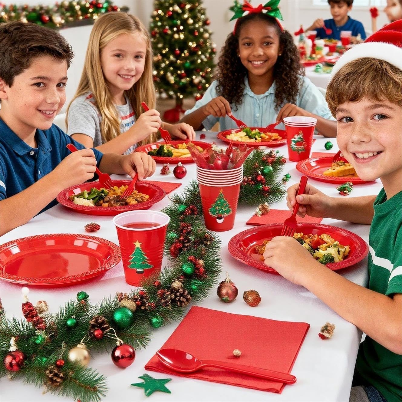 WELLIFE 210Pcs Red Plastic Plates, Christmas Plates Disposable, Party Supplies Including Red plates, 12oz Cups, Plastic Cutlery and Napkins Serve 30 Guests, Disposable Dinnerware Set for Christmas