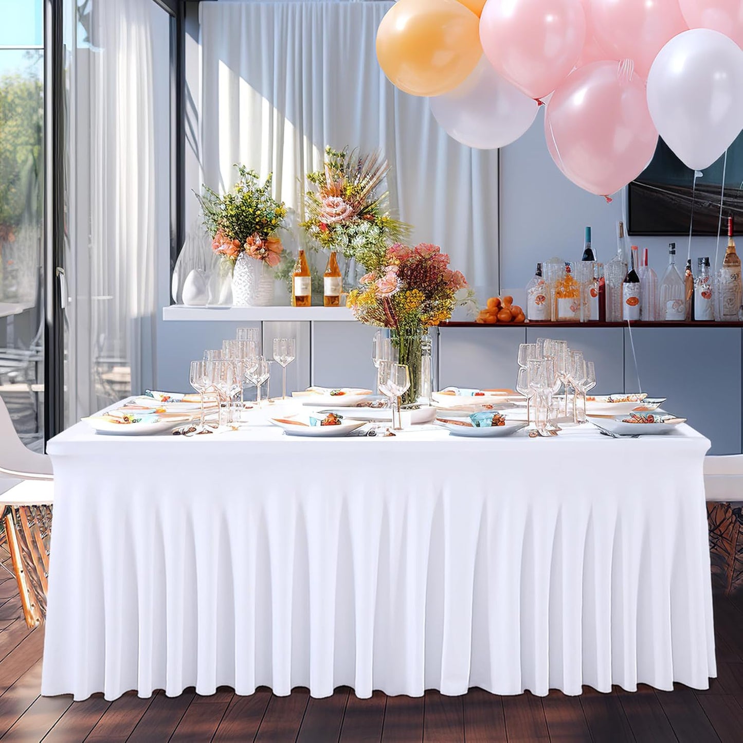 2 Packs White Table Clothes for 4 Foot Rectangle Tables, One-Piece Wrinkle Resistant Stretch Spandex Table Covers with Skirt for Event Banquet Wedding Birthday Party