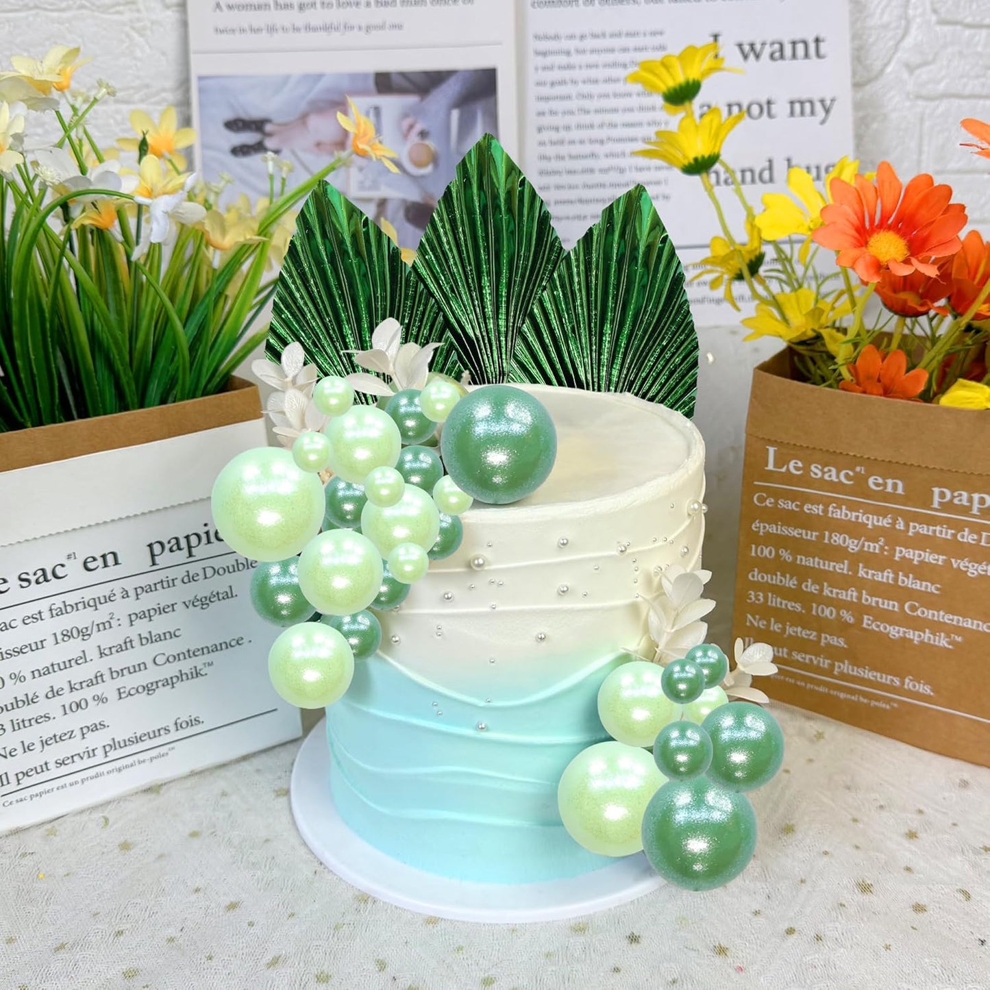 Ephlyn 28Pcs Paper Palm Fan Cake Topper Balls Cake Pick Wedding Bridal Shower DIY Cake Decorations for Baby Shower Wedding Birthday Anniversary Party Supplies Light Green