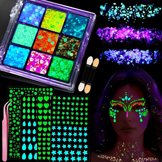 YGDZ Glow in The Dark Body Glitter, Face Glitter Gel, Mermaid Face Gems Kit, Hair Glitter Jewels for Halloween Makeup, Festival Outfits for UV Black Light Party, Rave Accessories for Women