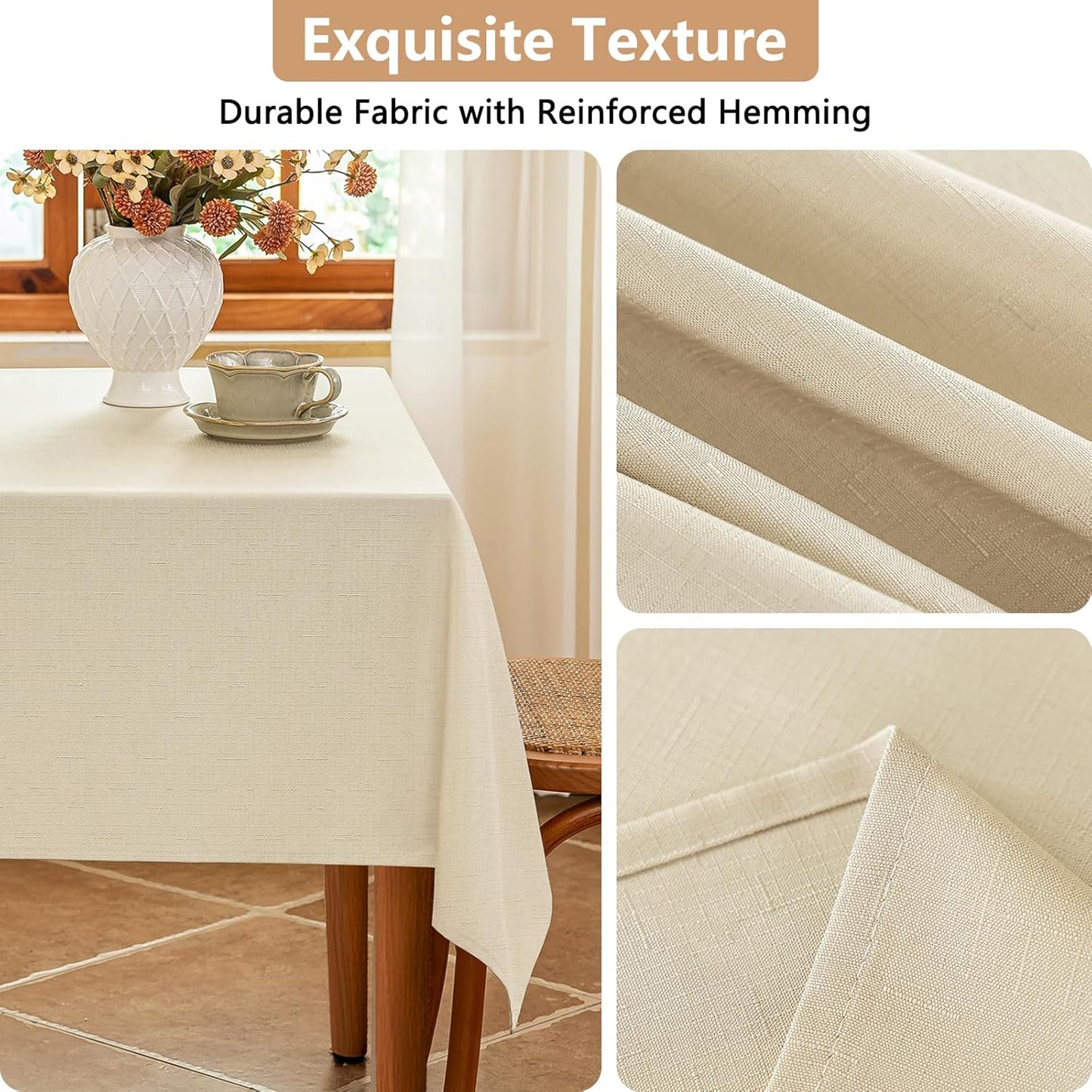 Fabric Rectangle Table Cloth, Faux Linen Textured Water Resistant & Washable Rectangular Tablecloth, Anti-Scratch for Dinning Kitchen Party,55 x 70 Inch, Beige