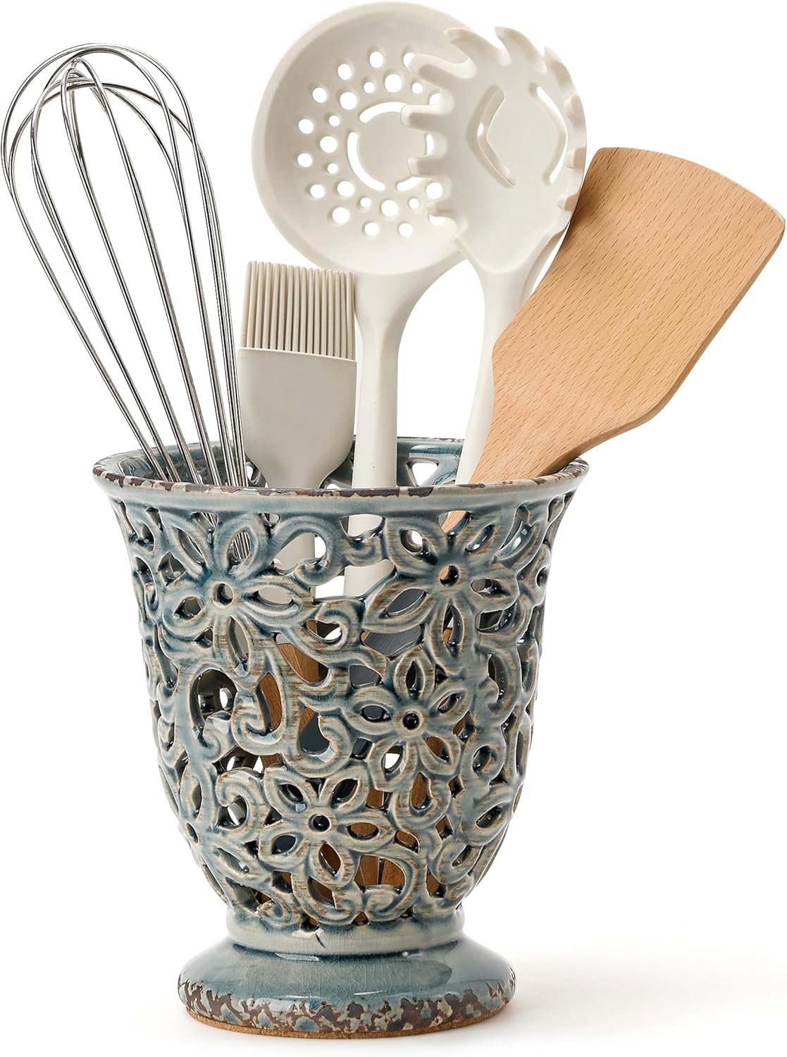 Utensil Holder for Kitchen Counter, Modern Farmhouse Cooking Utensil Holder and Crock Home Kitchen Decor, Ceramic Utensil Organizer for Spatula, Ladle, Eggbeater, Rolling Pin- Grayish Blue, Crackled
