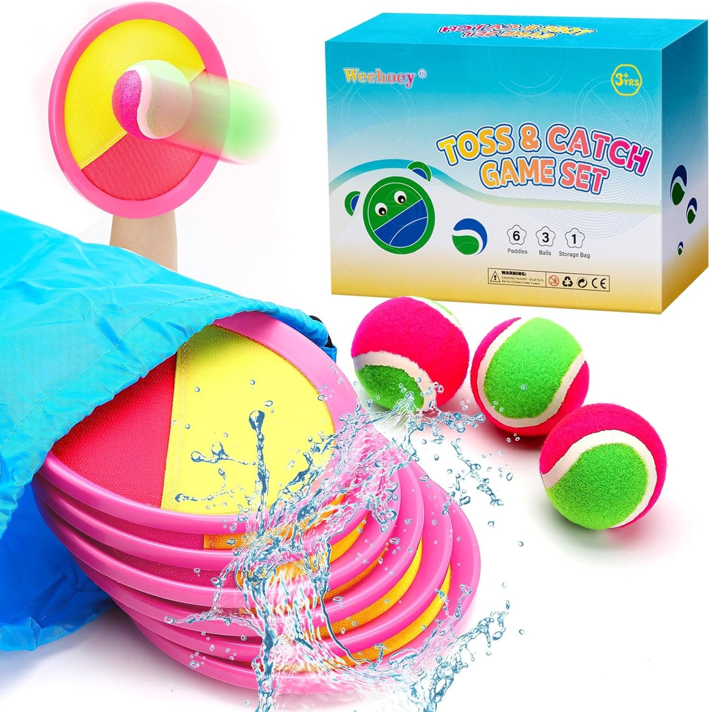 Toss and Catch Ball Set for Girls – 6 Paddles 3 Balls Pink Outdoor Game for Kids Ages 3-10, Birthday Gift, Christmas Toys, Holiday Present, Party Favor, Backyard Indoor Toy
