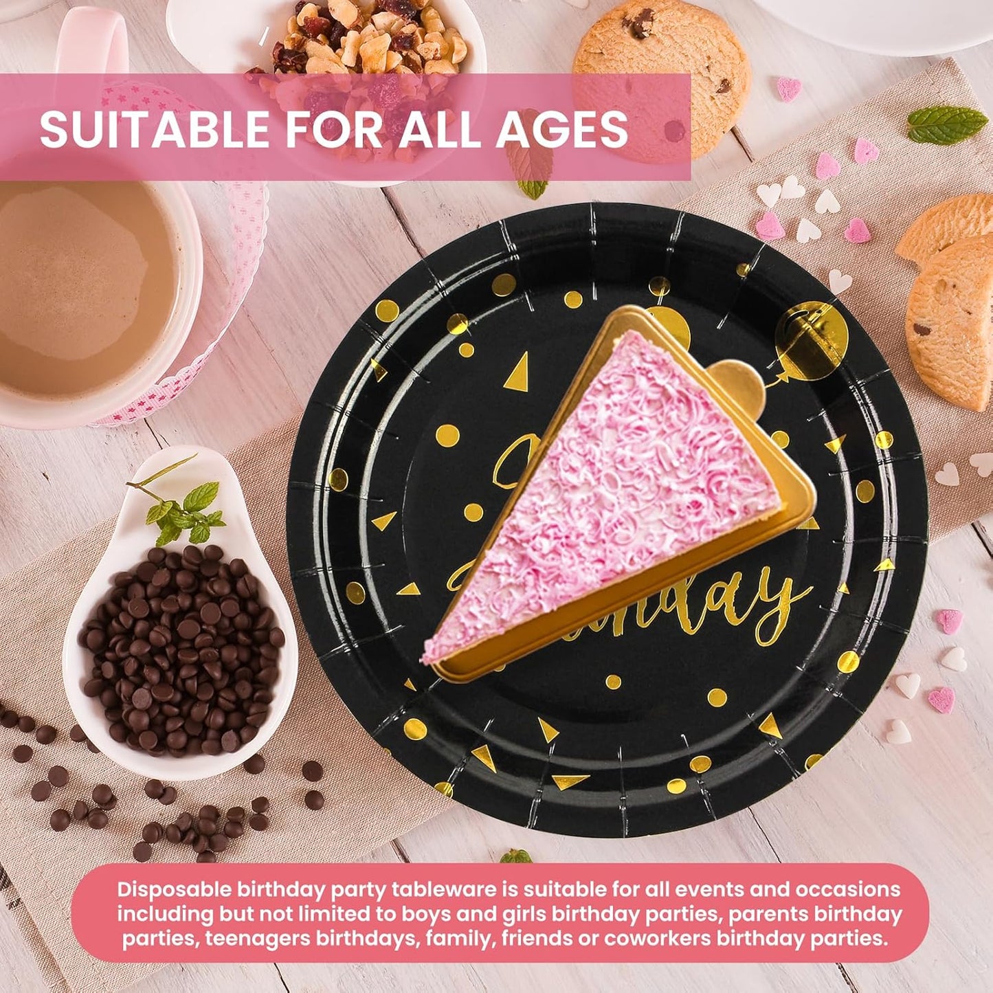 150PCS Happy Birthday Paper Plates and Napkins - 7 Inch Black Gold Dot Paper Plates and 6.5 Inch Napkins with 6.3 Inch Gold Forks Disposable Tableware Set for Birthday Party Decorations, Serves 50