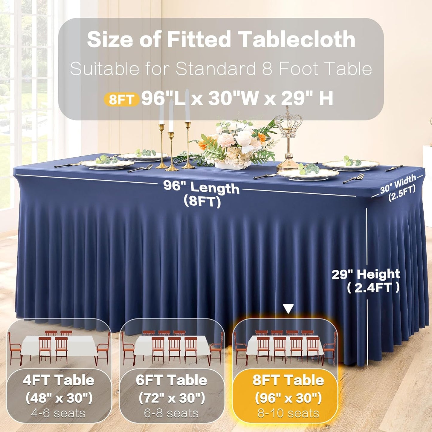 4 Pack Spandex Navy Blue Tablecloths for 8 Foot Rectangle Tables, Fitted Table Cloth 8ft Stretchy Tablecover Skirt for Parties Weddings Birthday Banquet Baby Shower