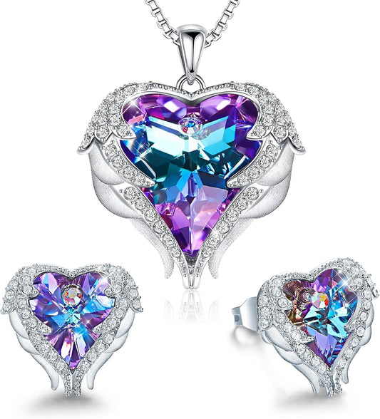 CDE Mothers Day Jewelry Set for Women, Angle Wing Heart Pendant Necklaces and Earrings with Birthstone， Birthday/Anniversary Christmas Jewelry Gift for Women Wife Her