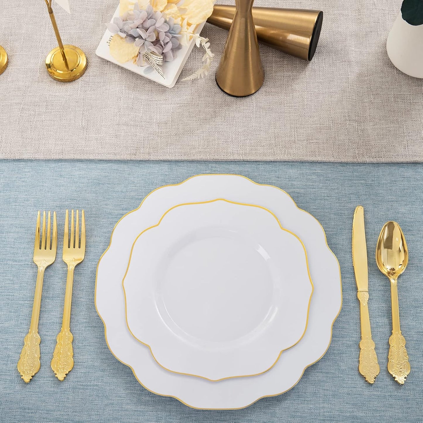 NOCCUR 120PCS Gold Plastic Plates Disposable for 60 Guests - Include 60 Dinner / 60 Dessert Plates Heavy Duty for Fall Party&Thanksgiving