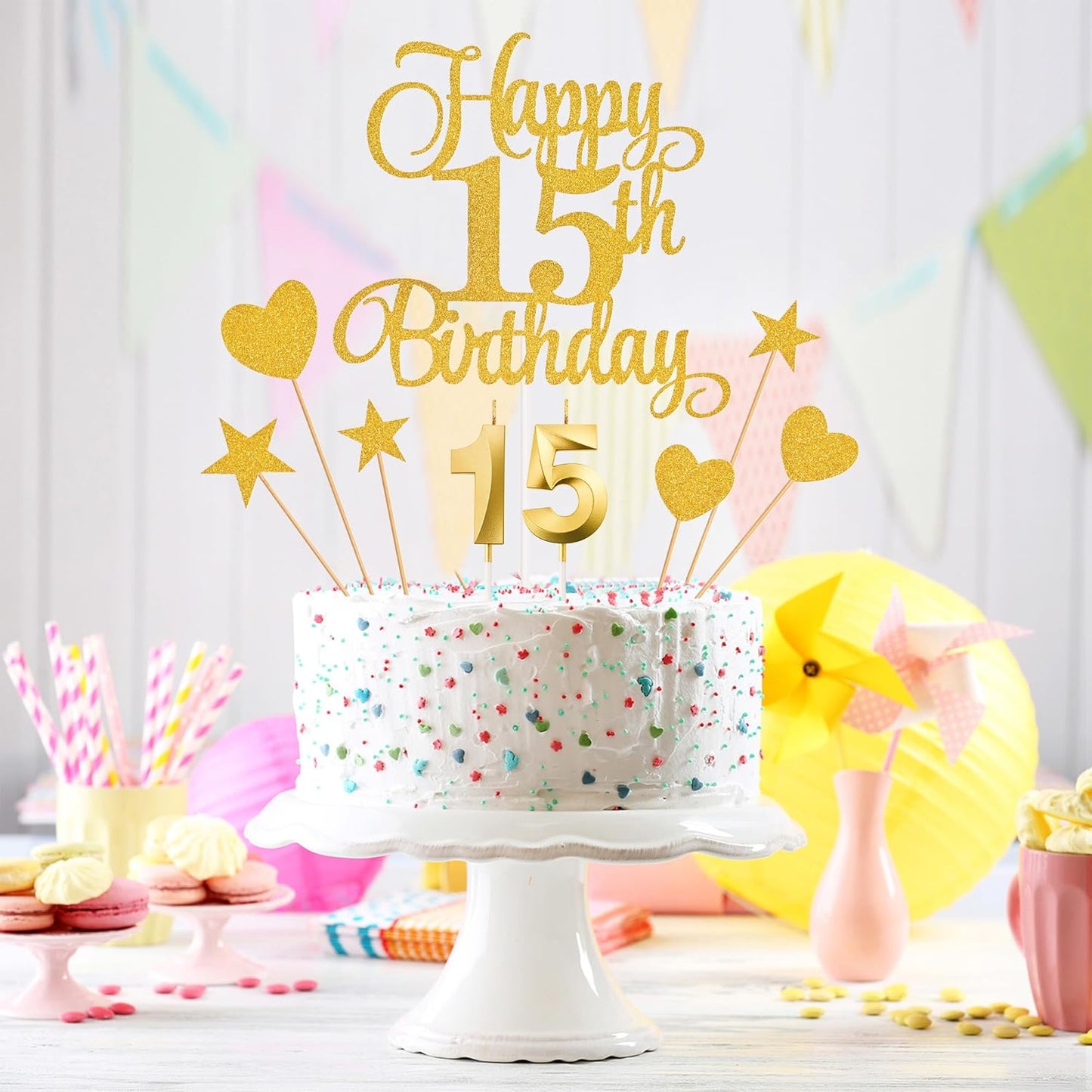 15th Birthday Cake Decorations, 15th Birthday Candles Cake Numeral Candles and Glitter Happy 15th Birthday Cake Toppers Set for Birthday Party Supplies (Gold)