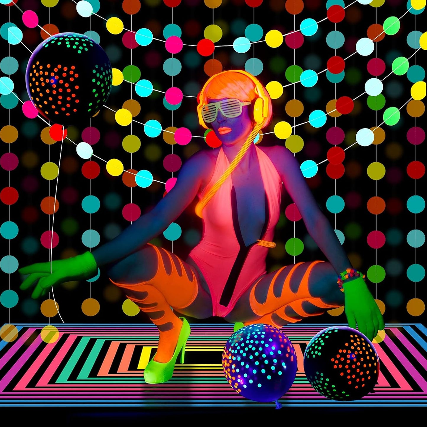 32 Pcs Glow in The Dark Party Supplies Christmas Neon Party Favors with 25 Fluorescent Balloon 6 Rolls 98.4 ft UV Blacklight Luminous Tape 14.4 ft Neon Streamer Garland for Adults(Bright Dot)