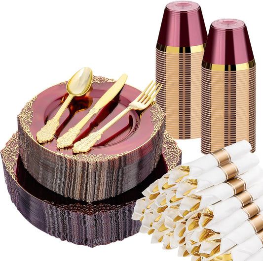 350 PCS Burgundy and Gold Plastic Plates, Disposable Dinnerware Set for 50 Guests, 100 Disposable Plates, 150 Silverwares, 50 Cups, 50 Napkins for Wedding, Party, Graduation