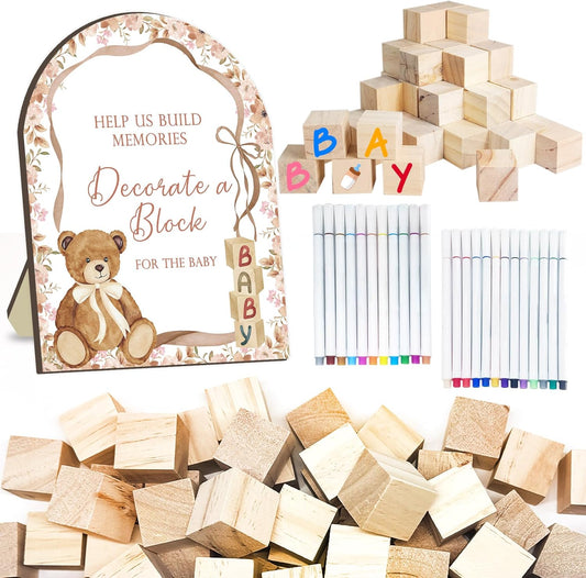 Teddy Bear Baby Shower Games Kit, Teddy Bear Baby Shower Decor, Floral Ribbon Babies Game with 50 Blank Wooden Babies Block, 24 Acrylic Paint Marker & Decorate a Block Wooden Sign for Boys Girls