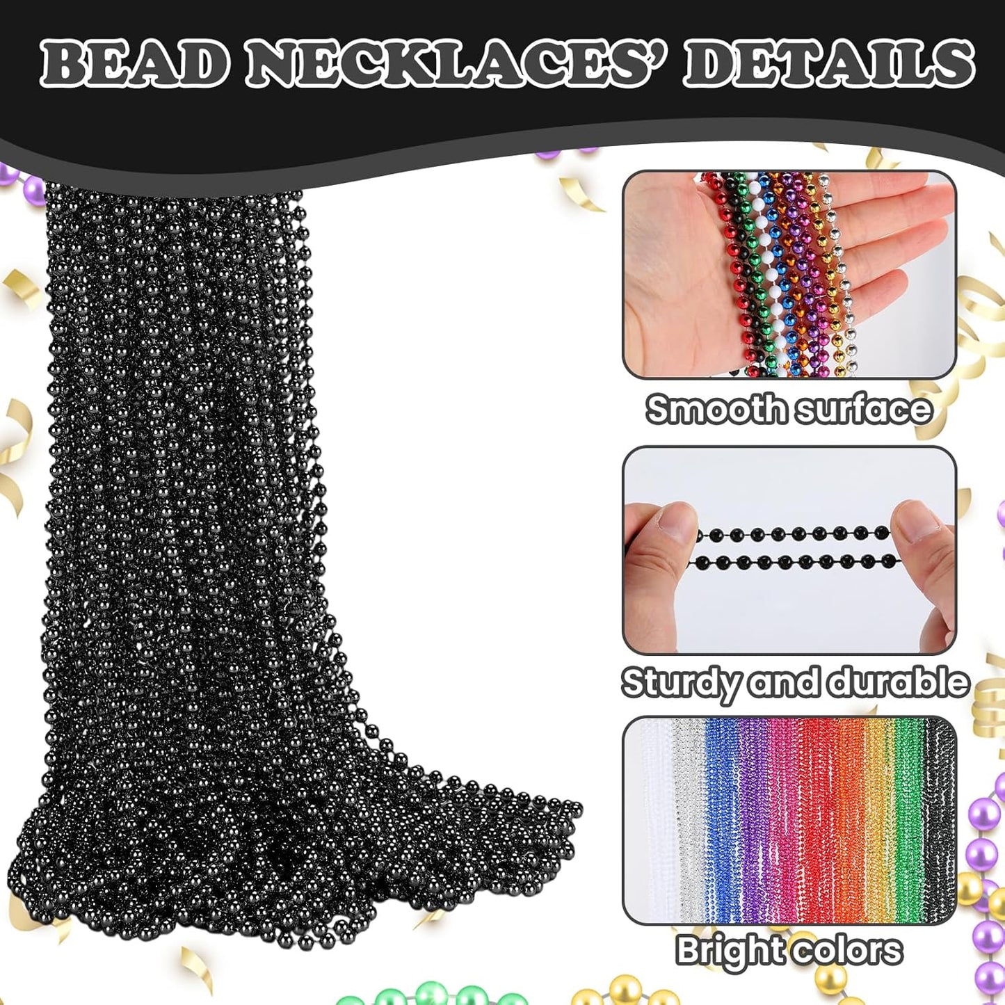 220 PCS Black Bead Necklace, 33 Inch Mardi Gras Christmas Beads, Bulk Metallic Party Beads for Mardi Gras Parade, St Patricks Day, Wedding, Birthday, Pirate Party, Carnival Party Favors