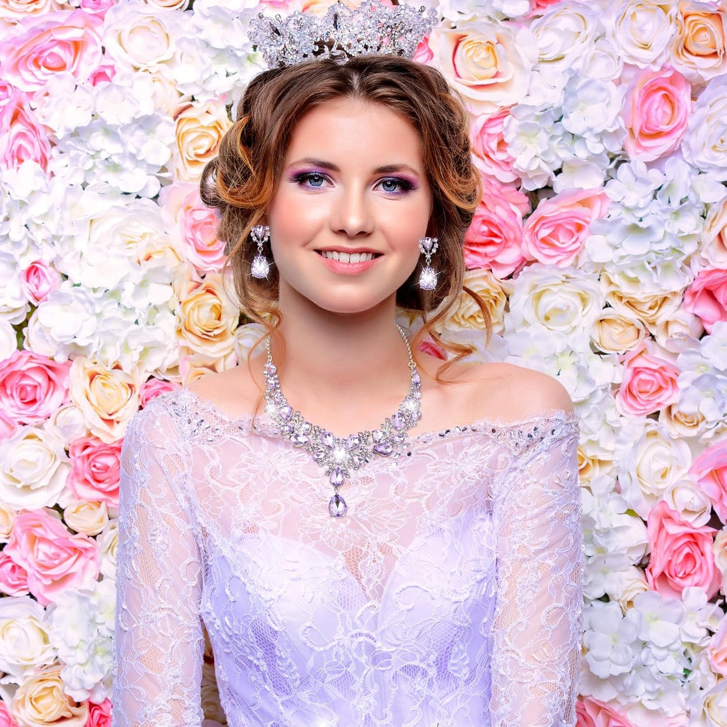 Hicarer Bridal Teardrop Cluster Crystal Jewelry Set for Women Necklace Earrings Wedding