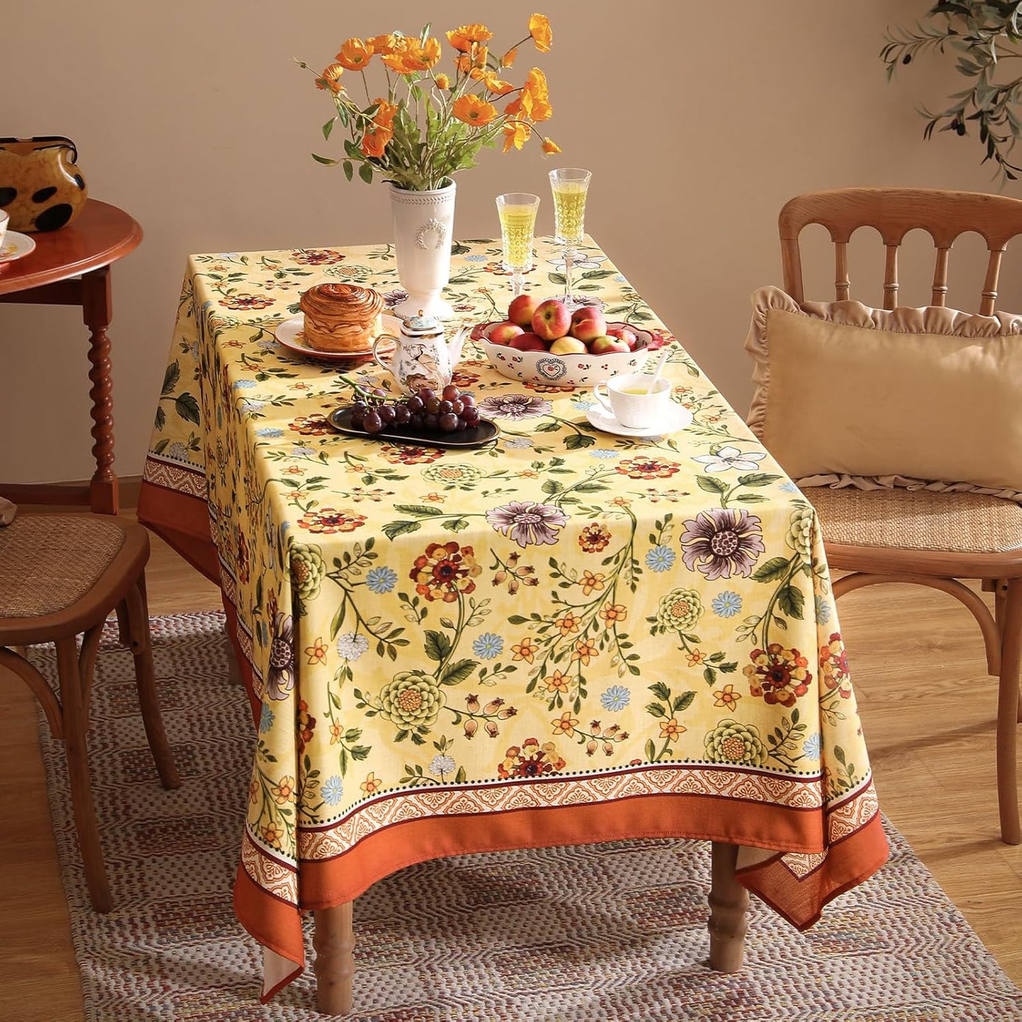Vintage Linen Tablecloth for Rectangle Table,Yellow Floral French Wrinkle Free Long Tablecloths,Decorative Table Cover for Kitchen,Dining,Thanksgiving,Christmas,63"*94"-Bellano