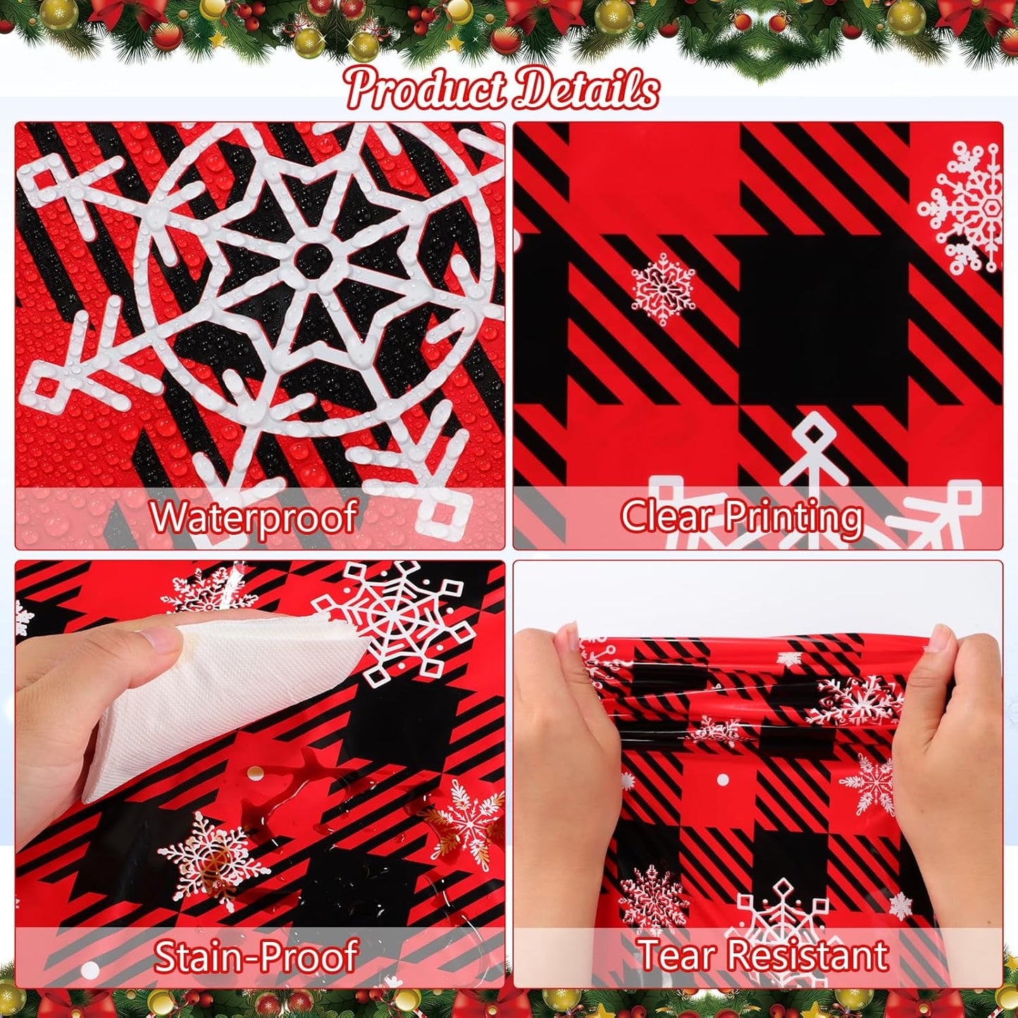 6 Pack Christmas Buffalo Plaid Snowflake Tablecloths, 54 x 108 inch Winter Snowflake Plastic Table Cloth Disposable Rectangle Table Cover for Christmas New Year Holiday Party