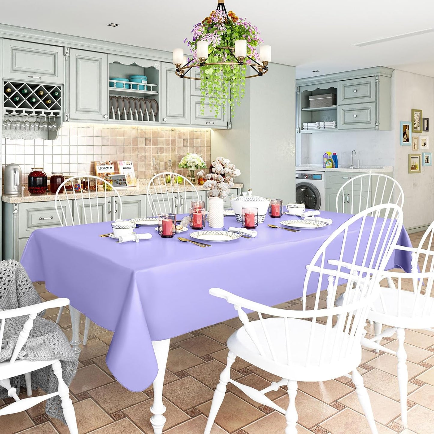 homing Rectangle Vinyl Tablecloth, Waterproof Spillproof Plastic Flannel Backed Table Cloth, Wipe Clean Table Cover for Dining, Buffet Parties and Camping (Lavender, 54" x 78")
