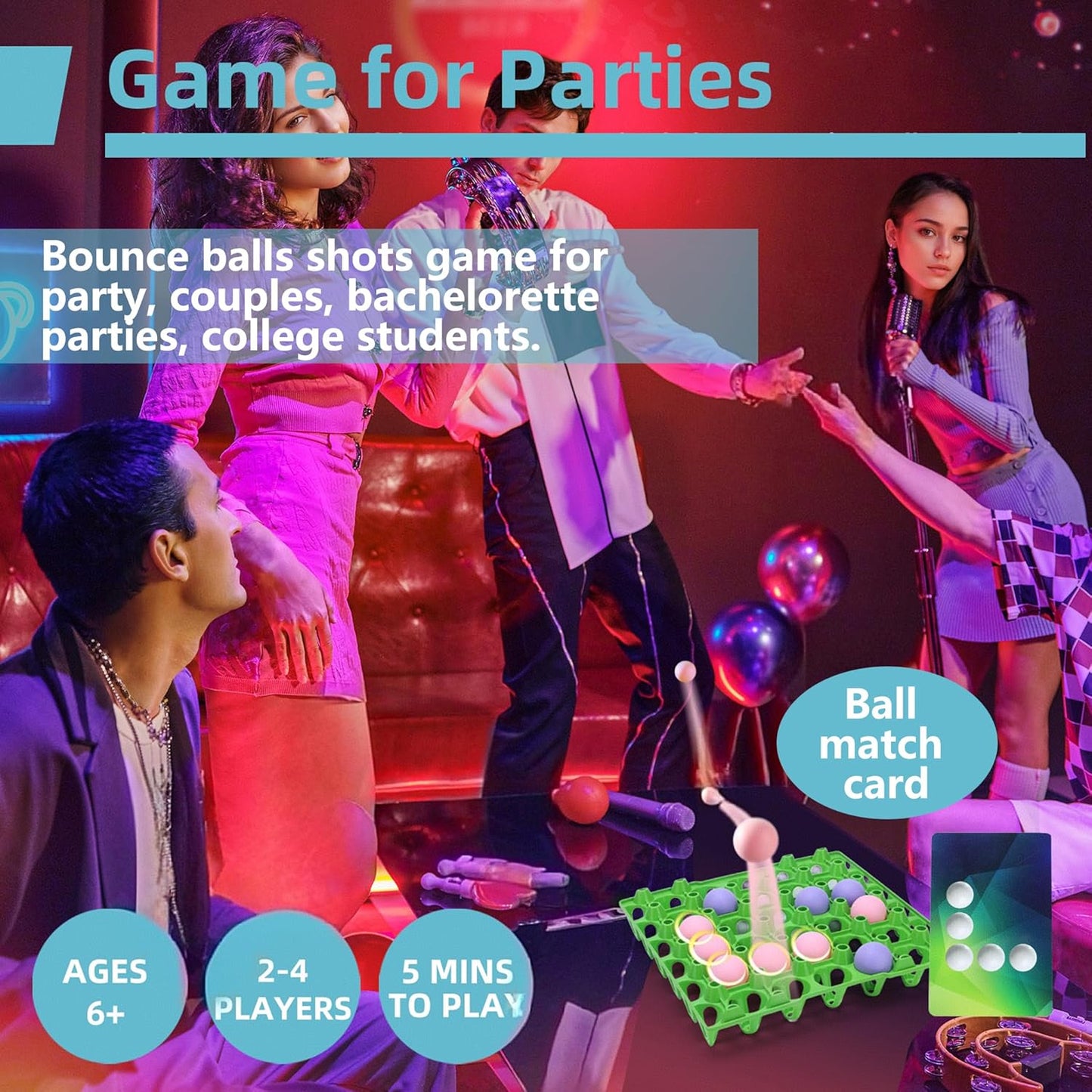 Bounce Ball Fun Party Game - 4 in a Row Games with 60 Balls & Cards - Indoor Outdoor Carnival Party Toys for Kids, Adults, Teens, Families, Game Night. 2-12 Players