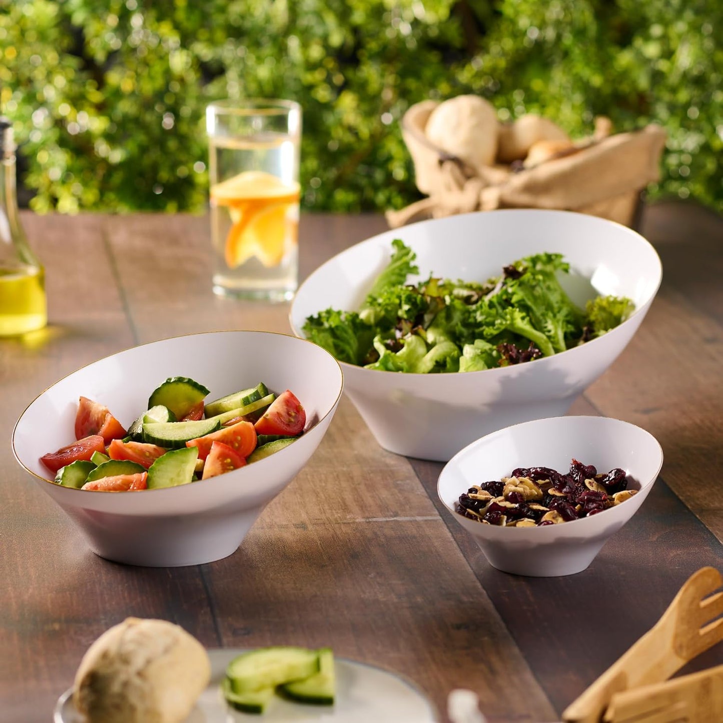 PLASTICPRO Angled Plastic Bowls Disposable Large Plastic White Serving Bowls with Gold Rim for Party for Appetizer Salads Pack of 4